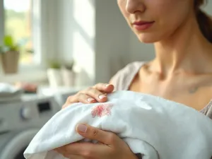 Dłonie zszywające dziurę w ciemnych jeansach przy użyciu igły i nici, z akcesoriami krawieckimi w tle.