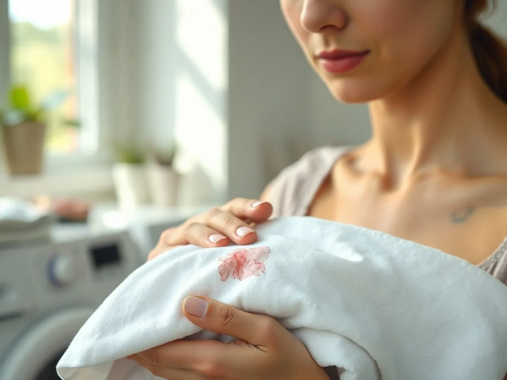 Kobieta usuwa plamę z podkładu z białej tkaniny przy użyciu miękkiej ściereczki i wody z mydłem.