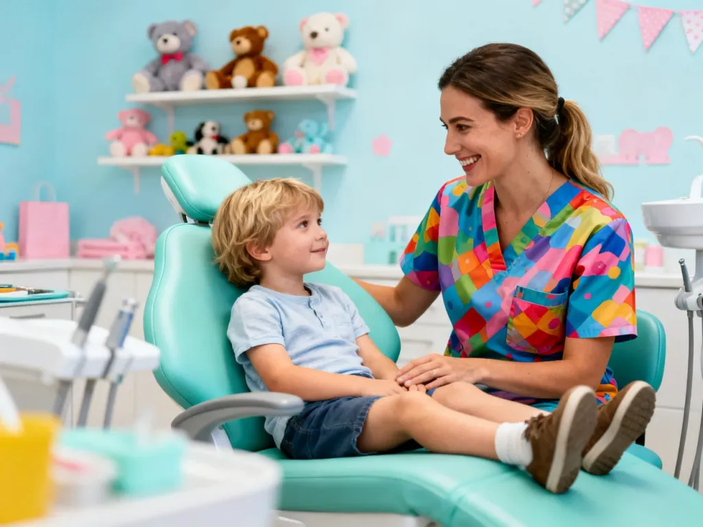 Uśmiechnięta dentystka dziecięca rozmawia spokojnie z dzieckiem na fotelu w przyjaznym, kolorowym gabinecie w Lublinie.